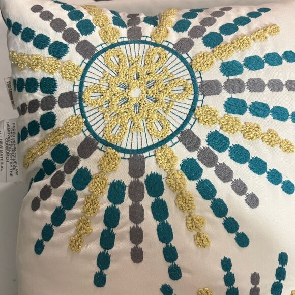 Pier 1 Embroidered Sunburst Pillow Teal Gold White 16 x 16 - Picture 4 of 11